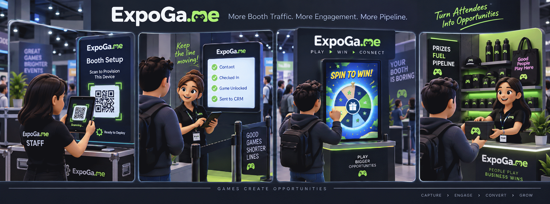 ExpoGa.me in four steps: scan a QR code to set up floor devices, capture leads with the line-buster, play a booth game, and claim a prize.
